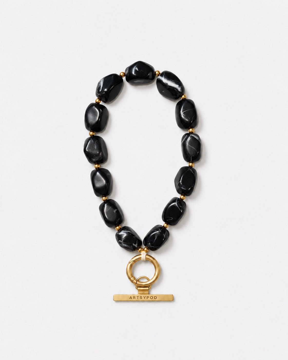 ARTSYPOD black marble marbled beaded phone wristlet with gold-tone ring clasp, full loop product photograph
