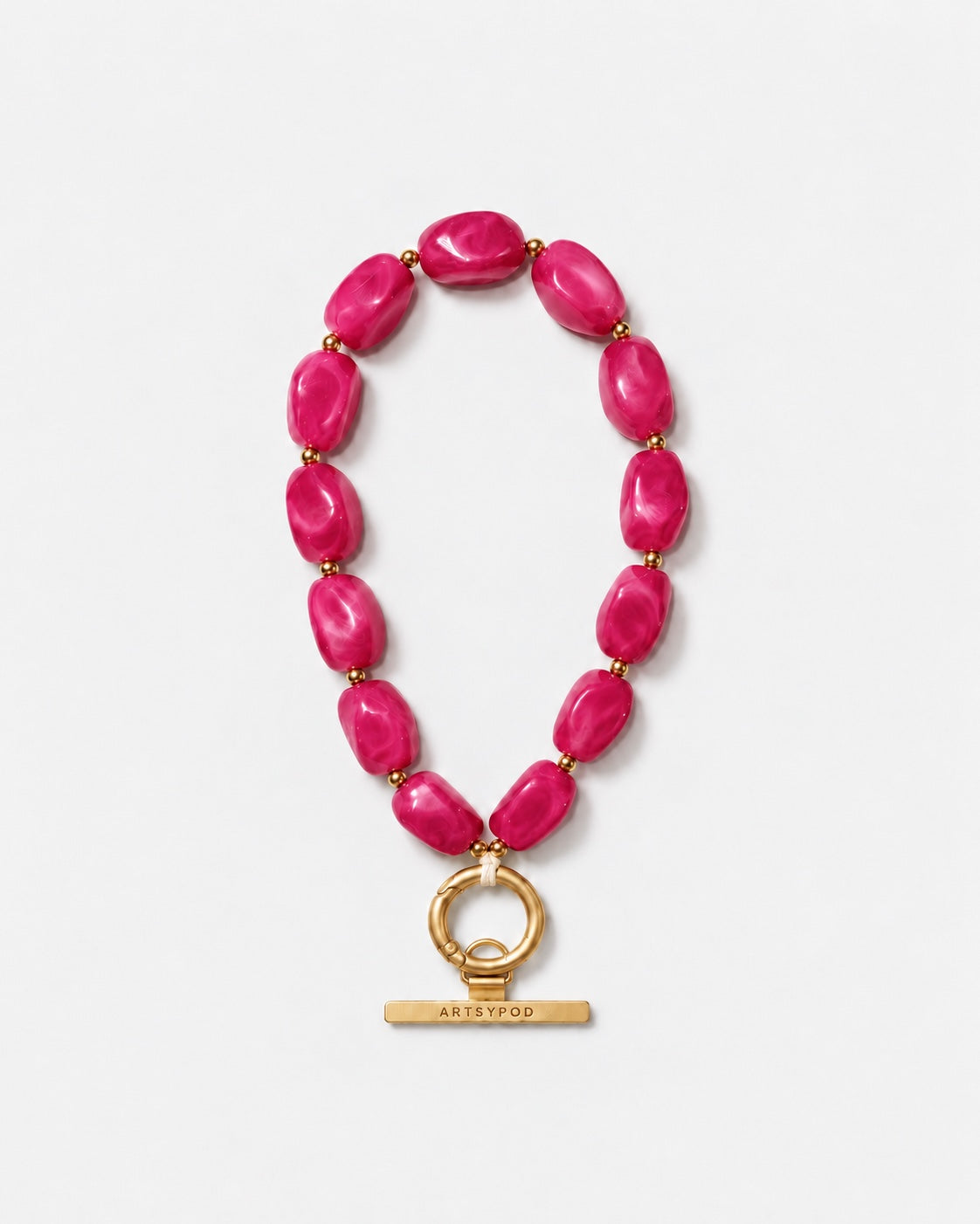 ARTSYPOD fuchsia pink marbled beaded phone wristlet with gold-tone ring clasp, full loop product photograph