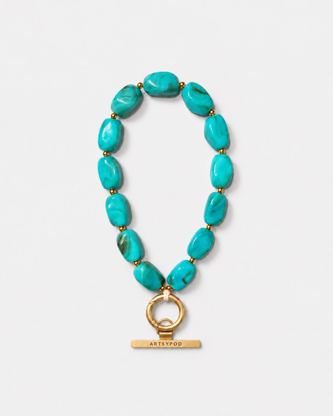 ARTSYPOD turquoise blue-green marbled beaded phone wristlet with gold-tone ring clasp, full loop product photograph