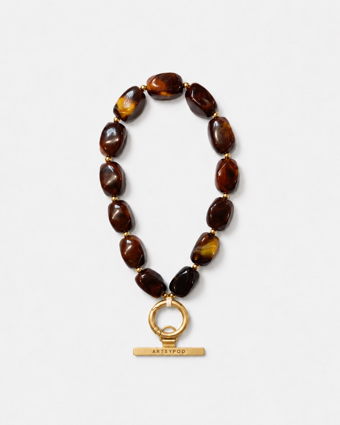 ARTSYPOD amber brown marbled beaded phone wristlet with gold-tone ring clasp, full loop product photograph