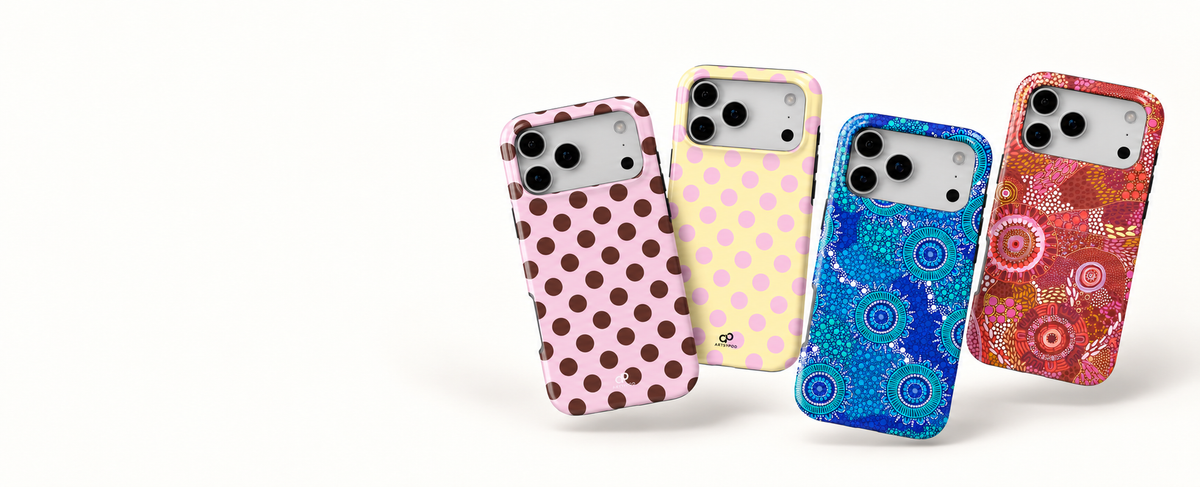 Four ArtsyPod cases: Classic Polka Blush, Buttercream Polka Dot, Sea Country Connections by Mandy Draper and Red Earth by Tamara Murray