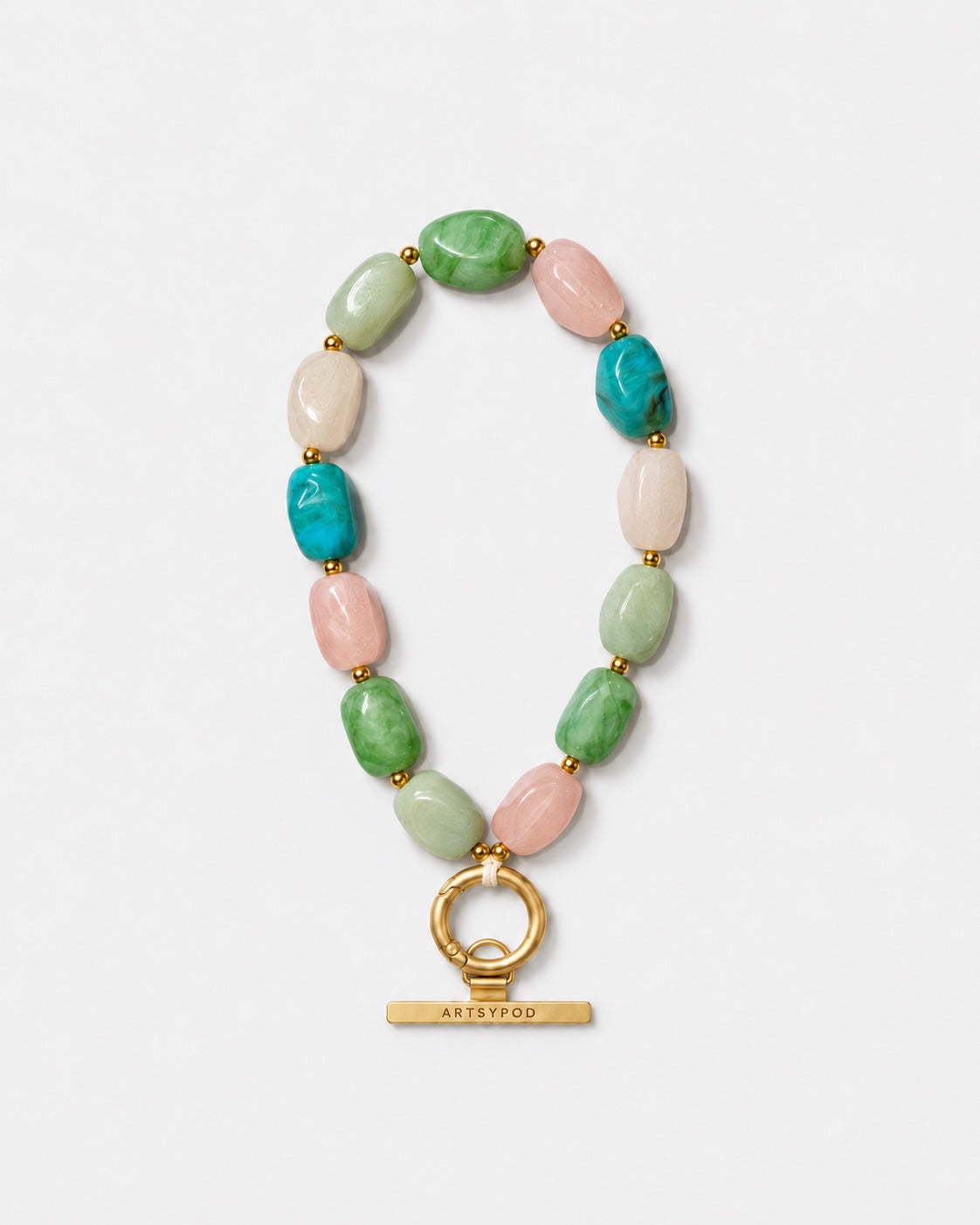 ARTSYPOD pastel multicolour marbled beaded phone wristlet with gold-tone ring clasp, full loop product photograph